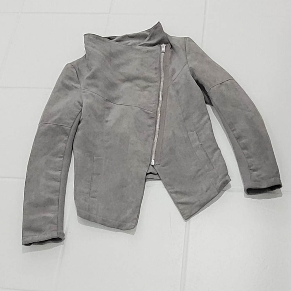 H&M Gray Faux Suede Cropped Biker Style Jacket Off Side Zipper Pockets Size 4 - Picture 7 of 14